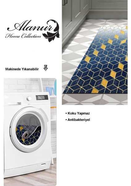 Dijital Mutfak Halısı Star Pamuk Kaymaz Taban Modern Daire Lacivert modelleri