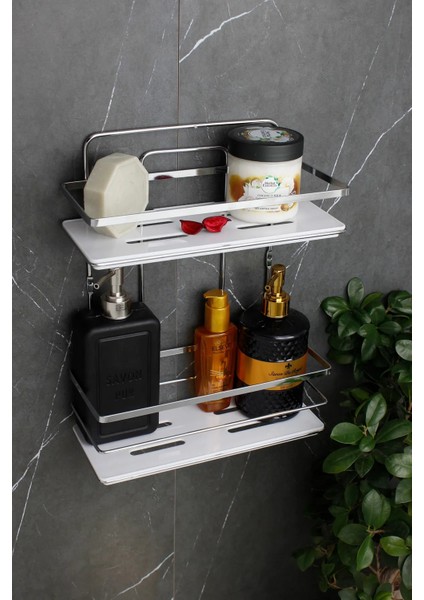 Kristal Raflı Krom Ikili Lamalı Banyo ve Kozmetik Düzenleyici Yapışkanlı Banyo Rafı Şampuanlık