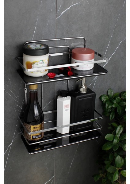 Kristal Raflı Krom Ikili Lamalı Banyo ve Kozmetik Düzenleyici Yapışkanlı Banyo Rafı Şampuanlık