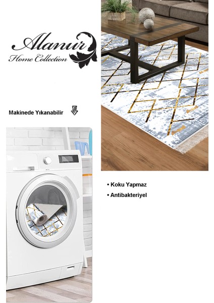 Dijital Salon Halısı Trend Keçe Kaymaz Taban Saçaklı Modern Brooklyn Mavi modelleri