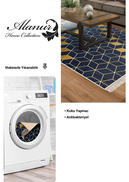 Dijital Salon Halısı Yıldız Deri Kaymaz Taban Saçaklı Modern Daire Lacivert modelleri