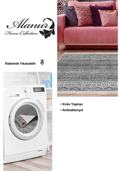 Dijital Salon Halısı Trend Keçe Kaymaz Taban Saçaklı Iskandinav Liz Antrasit