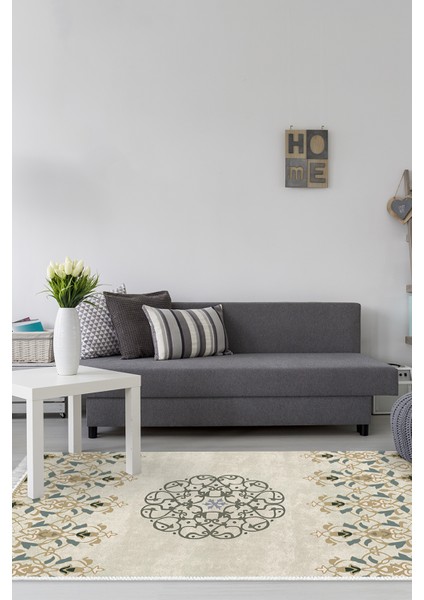 Dijital Salon Halısı Trend Keçe Kaymaz Taban Saçaklı Modern Demetria Bej