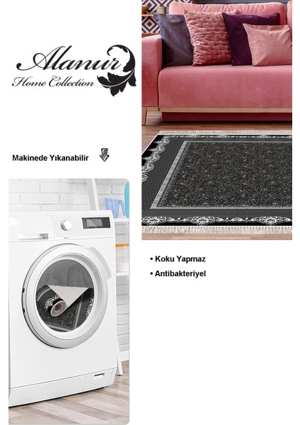 Dijital Salon Halısı Trend Keçe Kaymaz Taban Saçaklı Modern Vicky Siyah