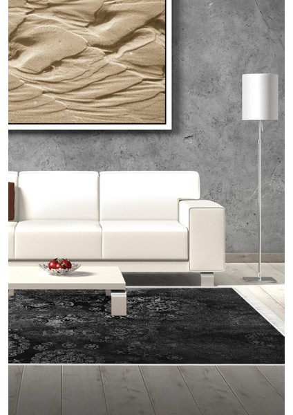 Dijital Salon Halısı Trend Keçe Kaymaz Taban Saçaklı Modern Aubree Gri