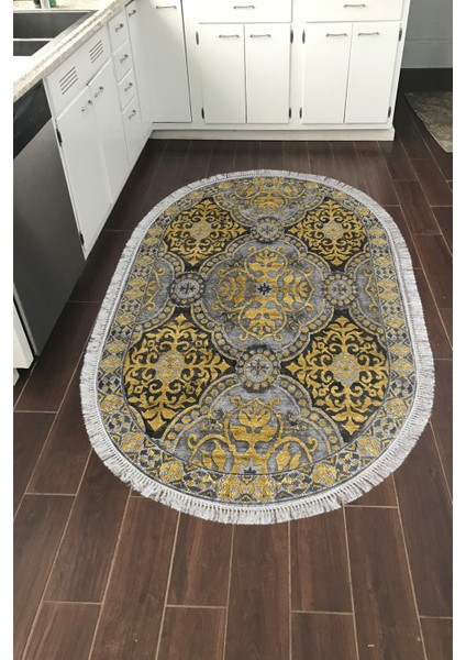 Dijital Mutfak Halısı Trend Keçe Kaymaz Taban Saçaklı Oval Modern Osana Sarı