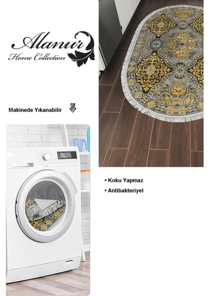 Dijital Mutfak Halısı Trend Keçe Kaymaz Taban Saçaklı Oval Modern Osana Sarı modelleri