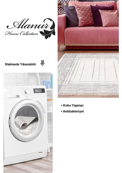 Dijital Salon Halısı Trend Keçe Kaymaz Taban Saçaklı Modern Rana Mavi modelleri