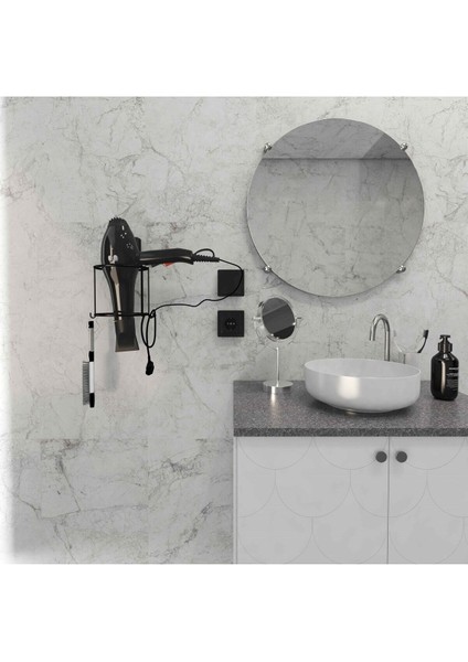 DC-5119 Dekoratik Siyah Yapıştırmalı Fön Banyo Metal Saç Kurutma Fön Makinesi Askısı Pratik Vidasız Montaj