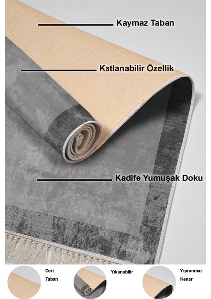 Dijital Salon Halısı Yıldız Deri Kaymaz Taban Saçaklı Modern Amelia Gri
