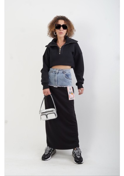 Siyah Yarım Fermuar Patlı Crop Sweat fiyatları