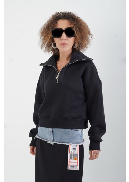 Siyah Yarım Fermuar Patlı Crop Sweat modelleri
