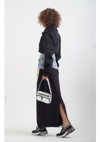Siyah Yarım Fermuar Patlı Crop Sweat fırsatları
