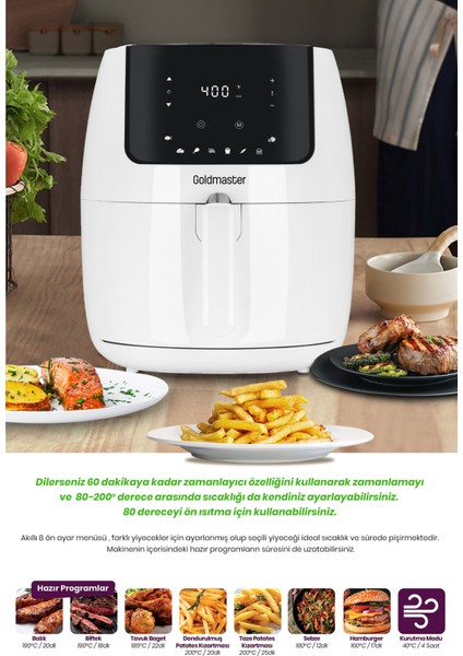 Romelio 1800 Watt 7 Litre Beyaz Geniş Hazneli Xxl Dokunmatik Airfryer Sıcak Hava Fritözü