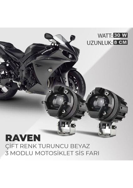 Raven 2 Adet 30W Çift Renk Turuncu Beyaz 3 Modlu Motosiklet Sis Farı LED Lamba