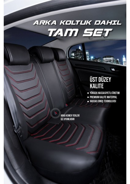 Kia Stonic Lüx Uyumlu Deri Oto Koltuk Kılıfı 5'li Set Tam Takım Lıne Siyah Kırmızı