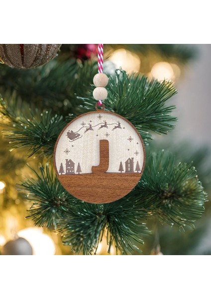 Iskandinav Tarzı J Harfi Yılbaşı Ağaç Süsü, Kişiselleştirilmiş Minimalist Noel Baba Desenli Çam Ağacı Süsü