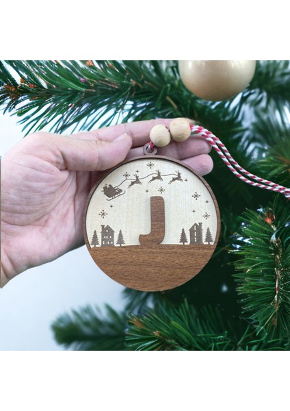 Iskandinav Tarzı J Harfi Yılbaşı Ağaç Süsü, Kişiselleştirilmiş Minimalist Noel Baba Desenli Çam Ağacı Süsü