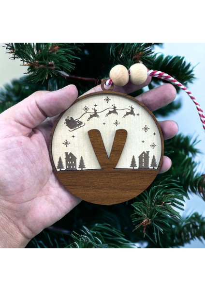 Iskandinav Tarzı V Harfi Yılbaşı Ağaç Süsü, Kişiselleştirilmiş Minimalist Noel Baba Desenli Çam Ağacı Süsü