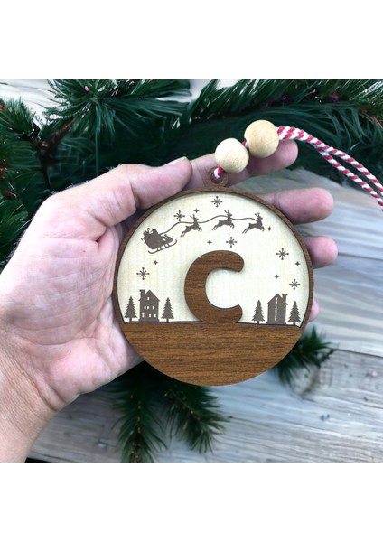 Iskandinav Tarzı C Harfi Yılbaşı Ağaç Süsü, Kişiselleştirilmiş Minimalist Noel Baba Desenli Çam Ağacı Süsü