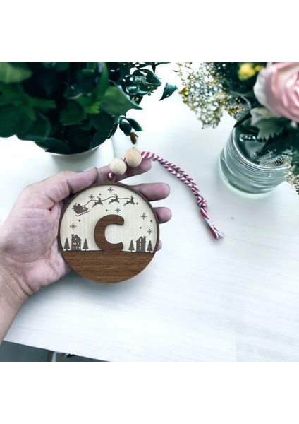 Iskandinav Tarzı C Harfi Yılbaşı Ağaç Süsü, Kişiselleştirilmiş Minimalist Noel Baba Desenli Çam Ağacı Süsü
