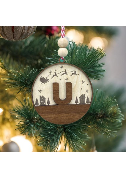 Iskandinav Tarzı U Harfi Yılbaşı Ağaç Süsü, Kişiselleştirilmiş Minimalist Noel Baba Desenli Çam Ağacı Süsü