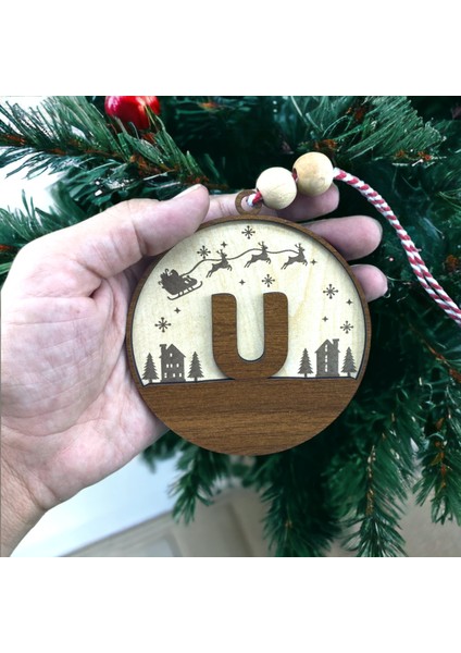 Iskandinav Tarzı U Harfi Yılbaşı Ağaç Süsü, Kişiselleştirilmiş Minimalist Noel Baba Desenli Çam Ağacı Süsü