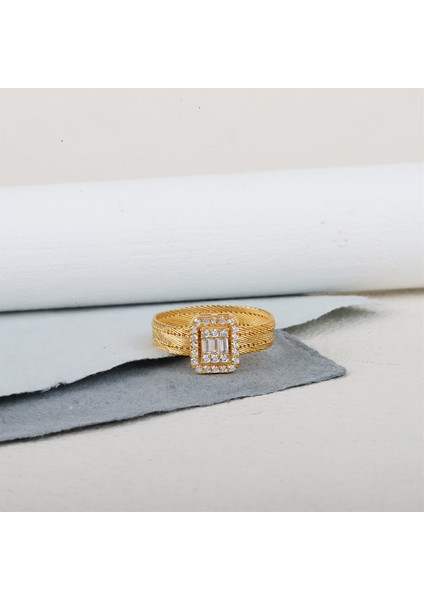 Kadın Gümüş Altın Kaplama Bagetli Hasır Yüzük