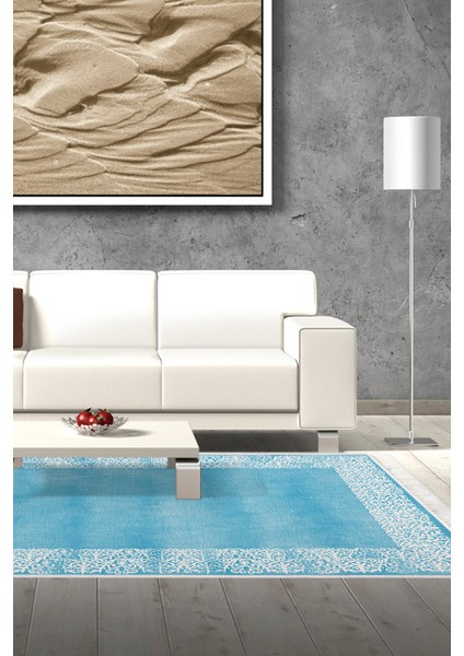 Dijital Salon Halısı Trend Keçe Kaymaz Taban Saçaklı Modern Sequoia Mavi