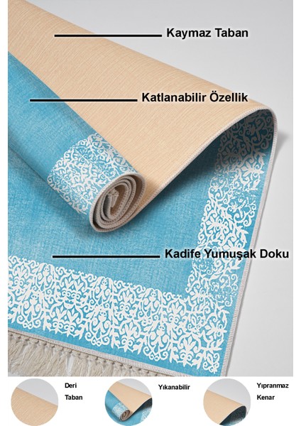 Dijital Mutfak Halısı Yıldız Deri Kaymaz Taban Saçaklı Modern Sequoia Mavi