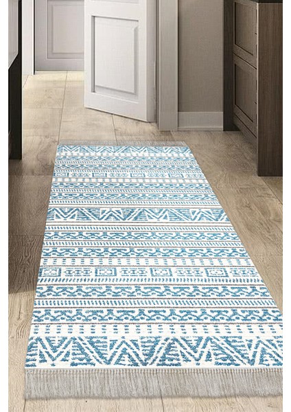 Dijital Mutfak Halısı Trend Keçe Kaymaz Taban Saçaklı Iskandinav Adelia Lacivert