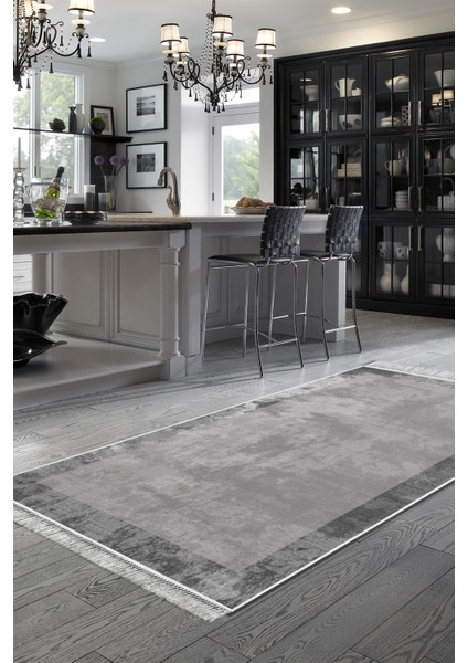 Dijital Mutfak Halısı Star Pamuk Kaymaz Taban Saçaklı Modern Amelia Gri