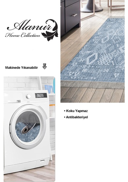 Dijital Mutfak Halısı Star Pamuk Kaymaz Taban Saçaklı Iskandinav Lorene Lacivert modelleri