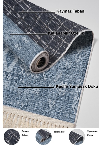 Dijital Mutfak Halısı Star Pamuk Kaymaz Taban Saçaklı Iskandinav Lorene Lacivert indirimleri