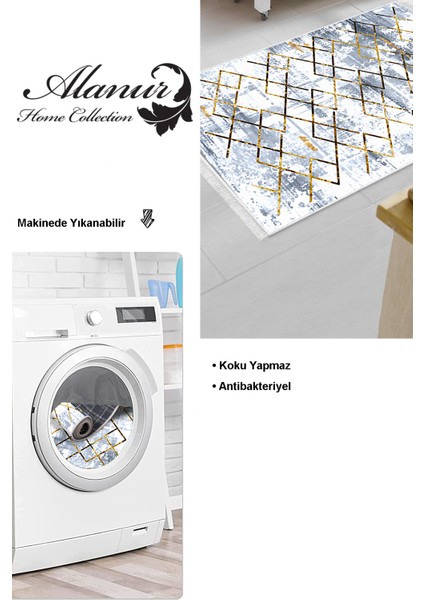 Dijital Mutfak Halısı Star Pamuk Kaymaz Taban Saçaklı Modern Brooklyn Mavi modelleri