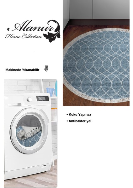 Dijital Mutfak Halısı Trend Keçe Kaymaz Taban Saçaklı Yuvarlak Iskandinav Celestine Lacivert