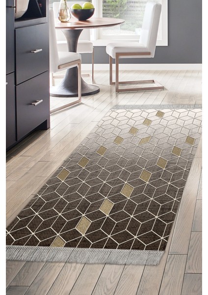 Dijital Mutfak Halısı Yıldız Deri Kaymaz Taban Saçaklı Modern Daire Gri