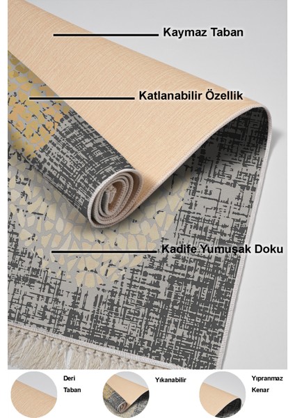 Dijital Mutfak Halısı Yıldız Deri Kaymaz Taban Saçaklı Modern Saeran Kahve Krem Bej