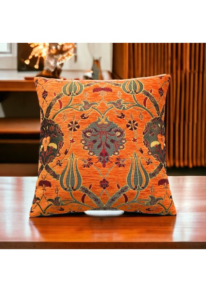Osmanlı Lale Desenli Turuncu Kırlent Kılıfı 45 cm x 45 cm
