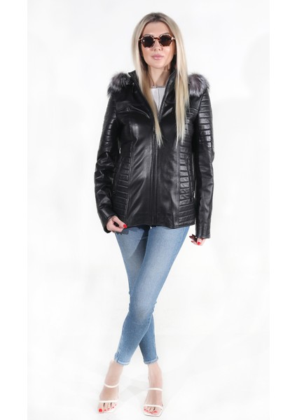 Ada Model Kadın Siyah Kürklü Hakiki Deri Ceket
