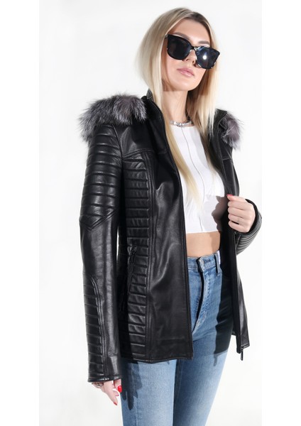 Ada Model Kadın Siyah Kürklü Hakiki Deri Ceket modelleri