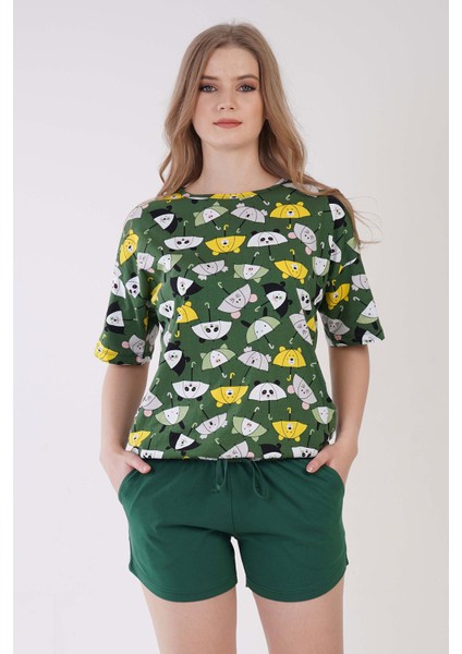 Pamuklu Kadın Düşük Omuzlu Kısa Kol Büzgülü Şortlu Pijama Takım