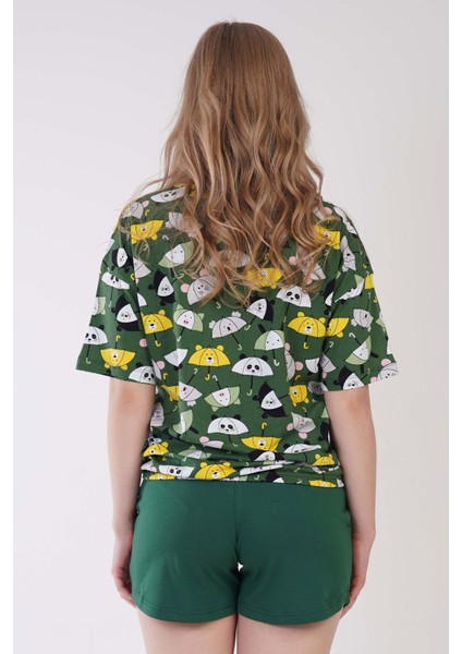 Pamuklu Kadın Düşük Omuzlu Kısa Kol Büzgülü Şortlu Pijama Takım