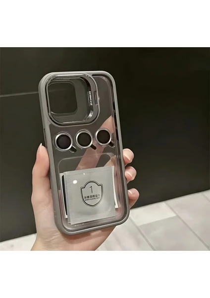 Apple iPhone 15 Pro Uyumlu Kamera Çerçeve Koruma Kapaklı Stantlı Kılıf + Lens Koruma