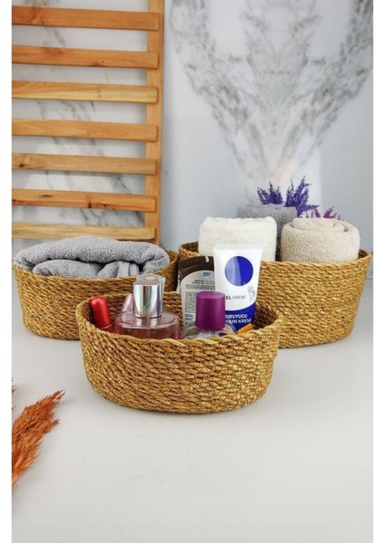 3’lü Hasır Banyo ve Makyaj Organizer Sepeti Oval Düzenleyici Kahverengi - PNL-PH22 S/3
