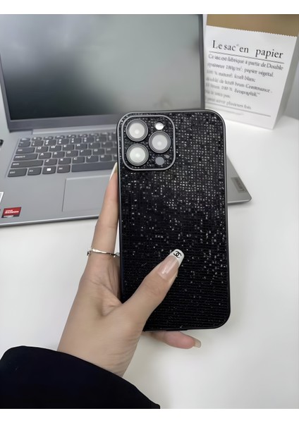 Apple iPhone 14 Pro Max Uyumlu Taşlı Simli Kamera + Lens Korumalı Kılıf