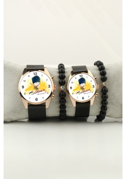 Kemal Atatürk Imza Resim Gold Kasa Bileklik Set Kadın Kol Saati ve Erkek Kol Saati