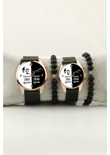 Atatürk Zaman Başladı Zaman Durdu Gold Bileklik Set Kadın Kol Saati ve Erkek Kol Saati