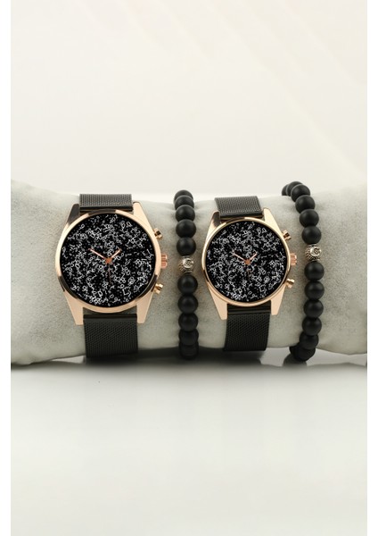 Sayılar Siyah Zemin Bileklik Set Kadın Kol Saati ve Erkek Kol Saati