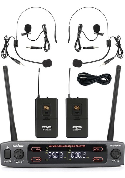 Lv-502Y UHF Dijital 2x30 Kanal Çiftli Yaka Telsiz Kablosuz Mikrofon (Headset Hediyeli)